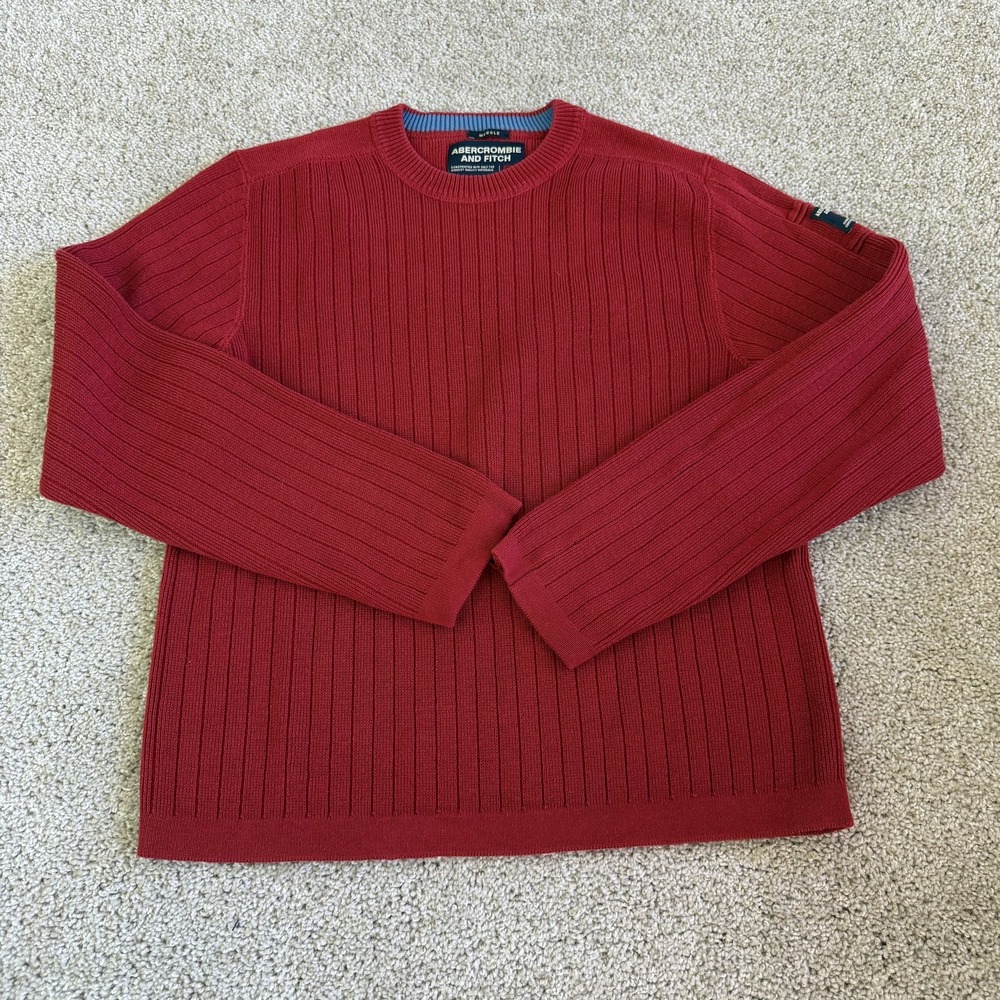 Y2K Abercrombie & Fitch Sweater Mens Large Red Knit Crewneck Pullover Muscle Fit